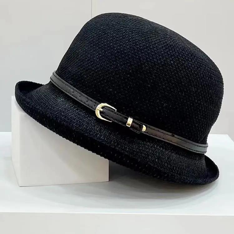 WTEMPO Hollow-out Summer Wide Brim Outdoor Travel Beach Hats Women Solid Color Casual Versatile Breathable Sun Hats with Belt