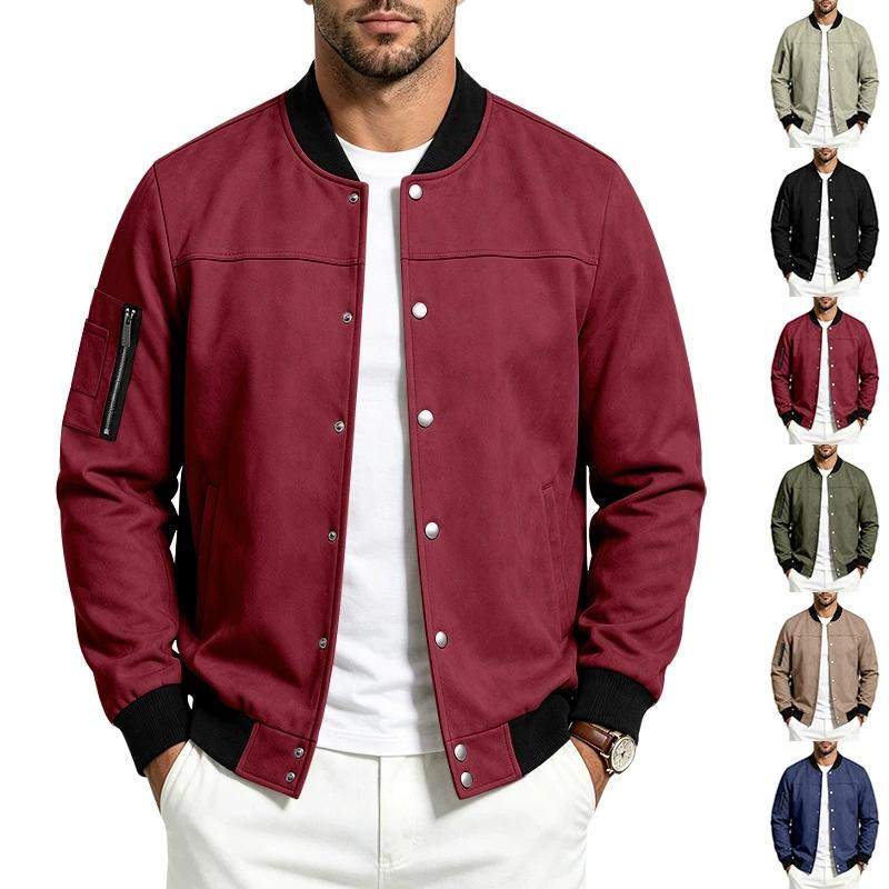 Men Faux‑Suede Bomber Jacket, Snap‑Button Front Contrast Ribbed Collar Cuffs Hem Zippered Sleeve Pocket Side Hand Pockets Casual Streetwear Outerwear