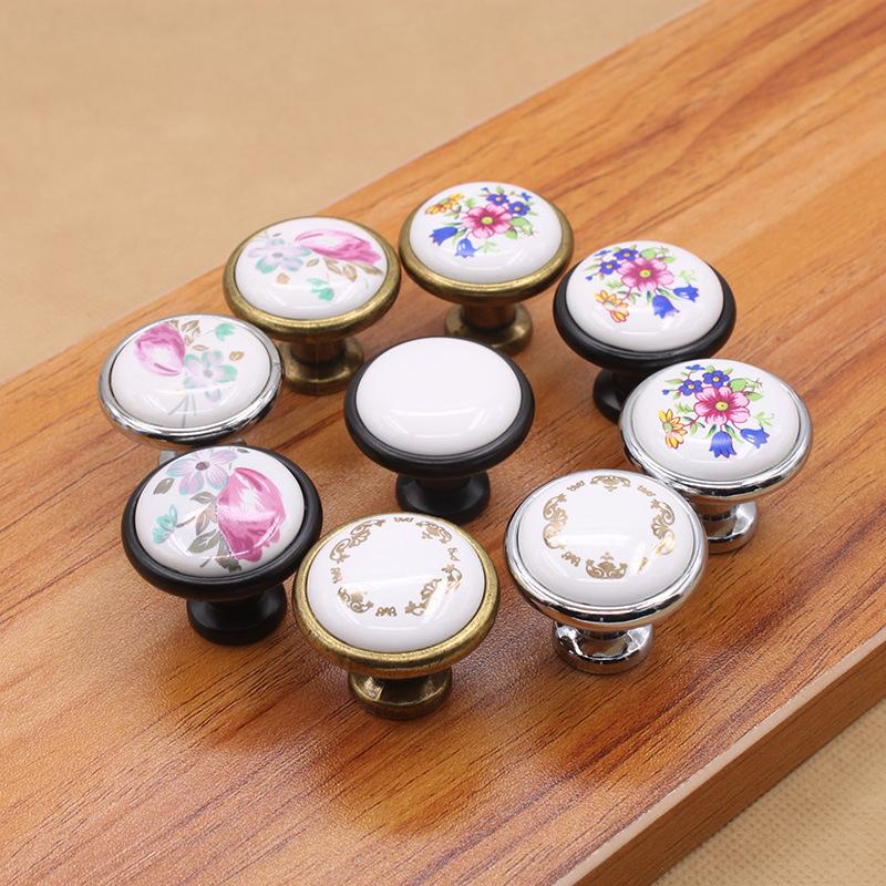 Single Hole Zinc Alloy + Ceramic Handle Painted Kitchen Vintage Door Drawer Handle Cabinet Pulls Knob with 25mm Screw