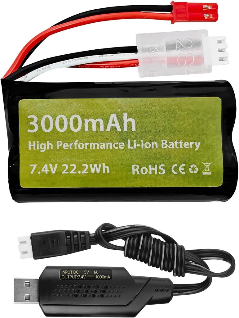 7.4V 3000mAh 15C 2S Li-ion Battery with JST-2P Plug and USB Charging Cable – for UDIRC UD1601 UD1602 SG1603 RC Car 1/10 1/12 1/16