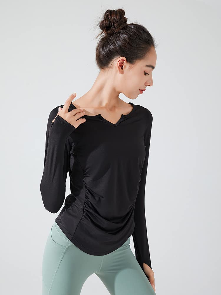 Yuoku Yoga Long Fitness Shirt with Thumb for Yoga and Fitness Women's Top, Sleeve, Holes, Moisture-Wicking, Quick-Drying, Stretch, Lightweight,