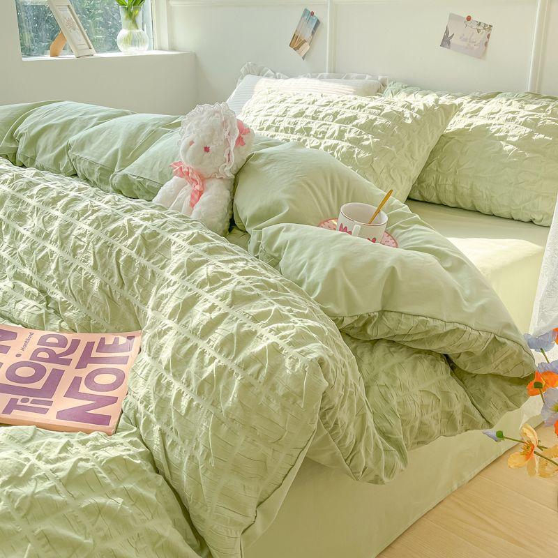 Seersucker Bedding Sets Solid Color Washed Cotton Microfiber Duvet Cover Flat Sheet Pillowcases Soft Bed Linen For Girls