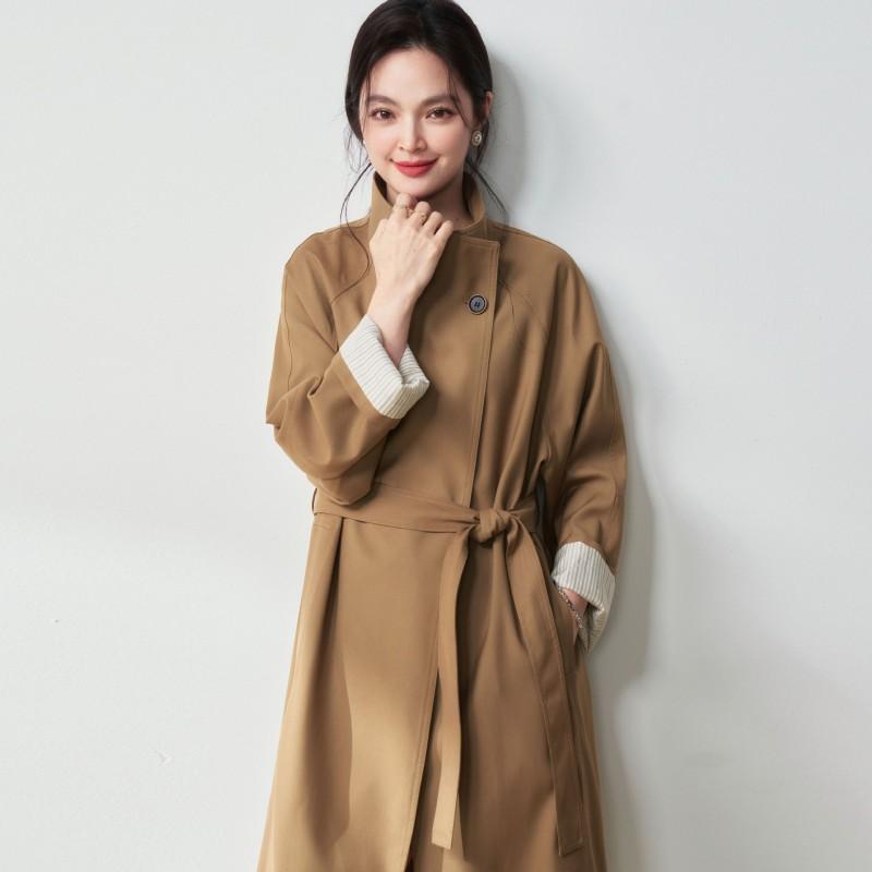 Womens Minimalist Stand Collar Long Trench Coat Loose Fit Casual Commuter Outerwear In Beige Khaki