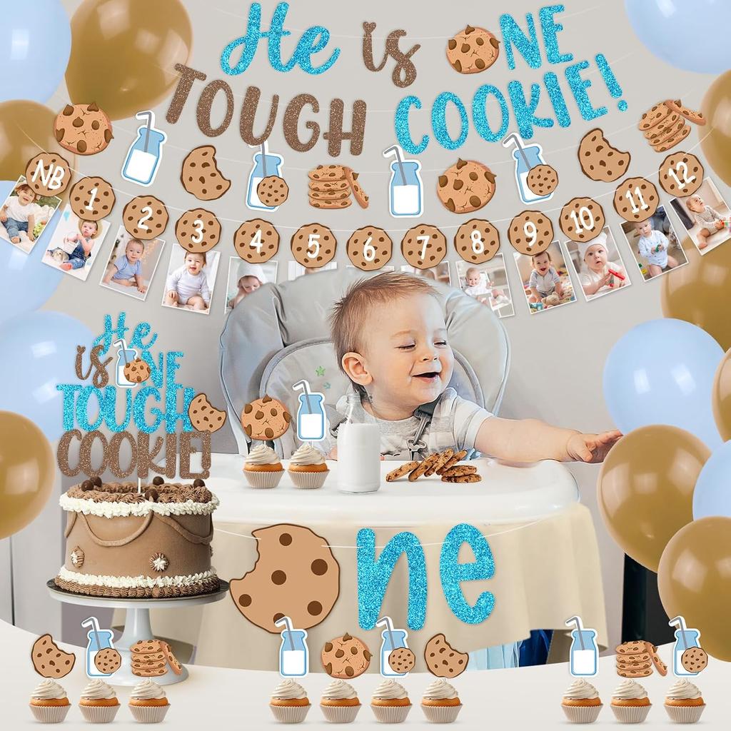 Milk and Cookies Boys First Birthday Party Decor, He Is One Tough Cookies Monthly Milestones Photo Banner Cake Cupcake Topper Balloons for Milk and