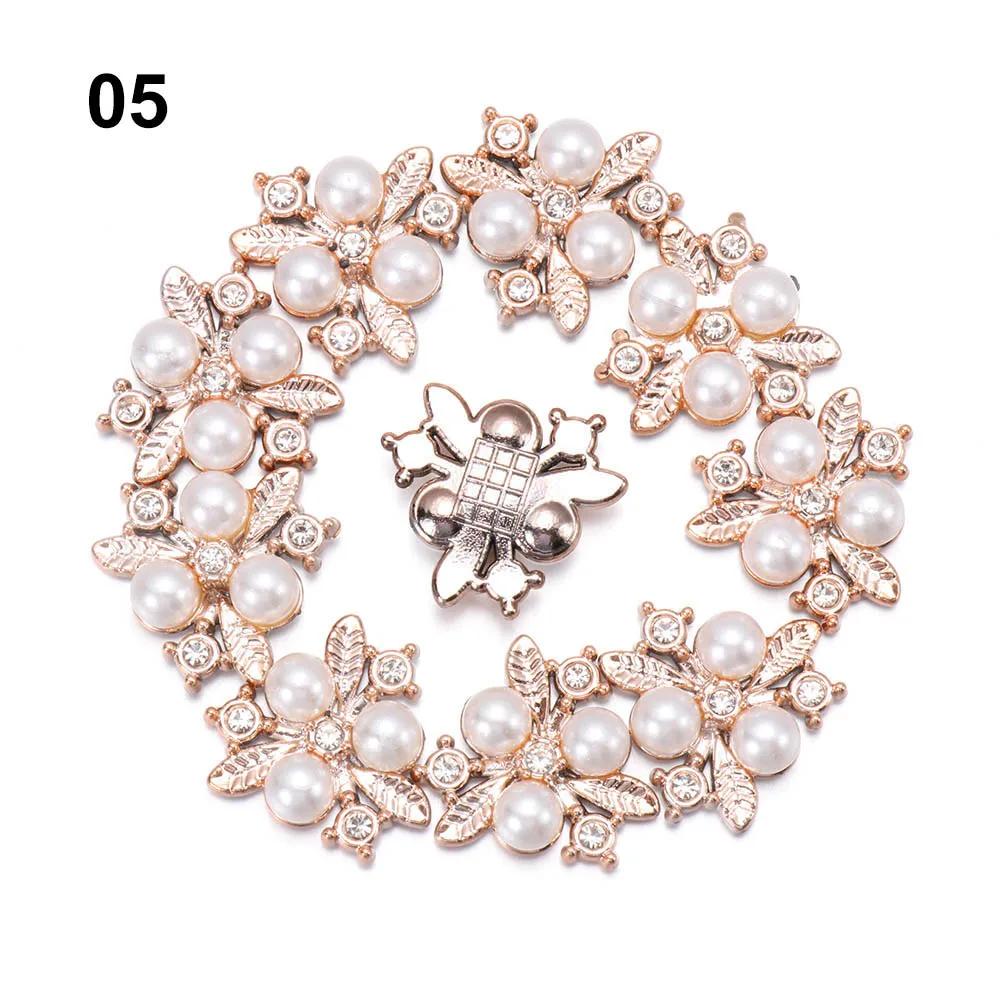10PCS Flower Rhinestone Pearl Buttons Flatback Plating Hairpin Decoration DIY Craft Apparel Sewing Accessories Flower Buttons