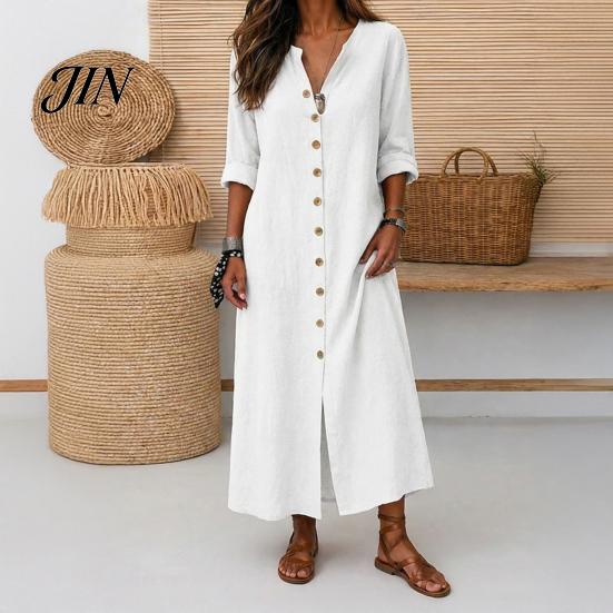 Casual Jurk voor Dames Zomerse Knopen Lange Jurk, Losse V-hals Tunique voor Dagelijks Gebruik Opgerolde Mouwen Vakantie Loungewear Middellang