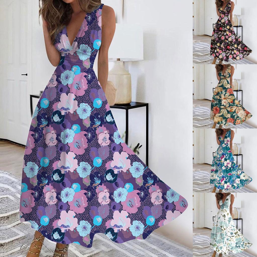 Dámské dlouhé šaty Maxi šaty Ležérní šaty Letní Ležérní Bez rukávů Výstřih do V Boho pas Stažení Potištěné šaty