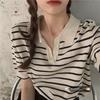 Women's Retro Striped V-Neck Pullover Polo Shirt, Summer Loose Short-Sleeved Knit Top