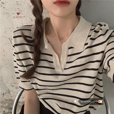 Women's Retro Striped V-Neck Pullover Polo Shirt, Summer Loose Short-Sleeved Knit Top