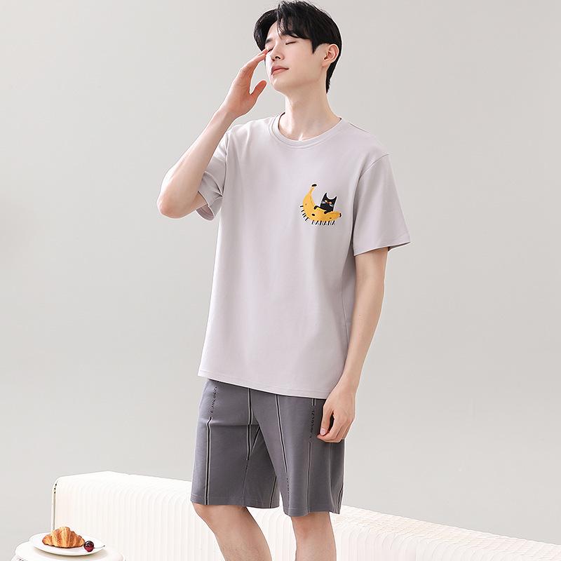 Couple's Summer Cotton Pajama Set: Cute Short Sleeve & Shorts for Women, Wear-Outside Style for Men.