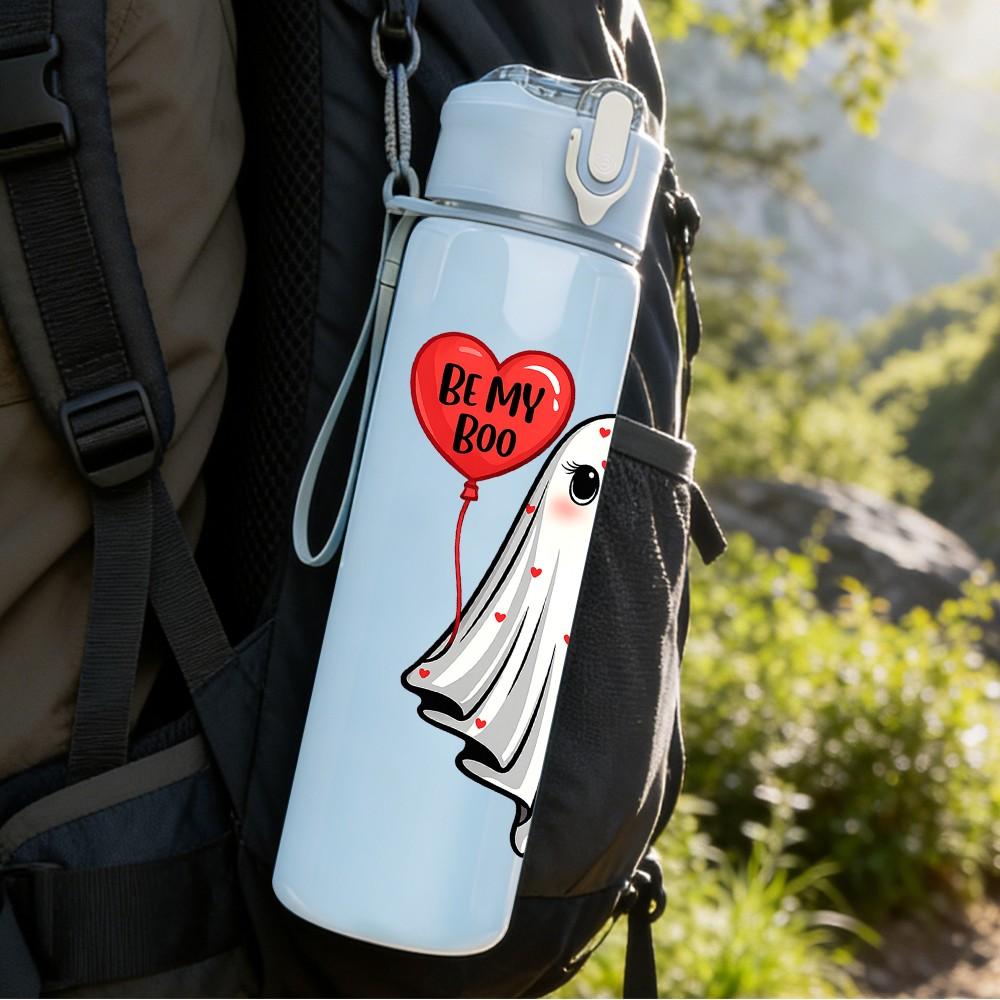 1PC Single Ghost With Red Heart Print 750ml Color Plastic Sports Water Bottle Leakproof Flip Straw Lid Suitable for Sports Office Home Use