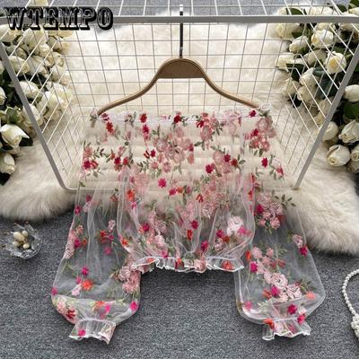 Women's Off Shoulder Shirts Tops Long Lantern Sleeve Sheer Lace Pullover Floral Blouse Shirt Blouses