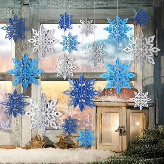 Christmas decoration set snowflake ornament 3D hanging 18-piece garland party goods wall cute interior snow crystal silverbluelight blue
