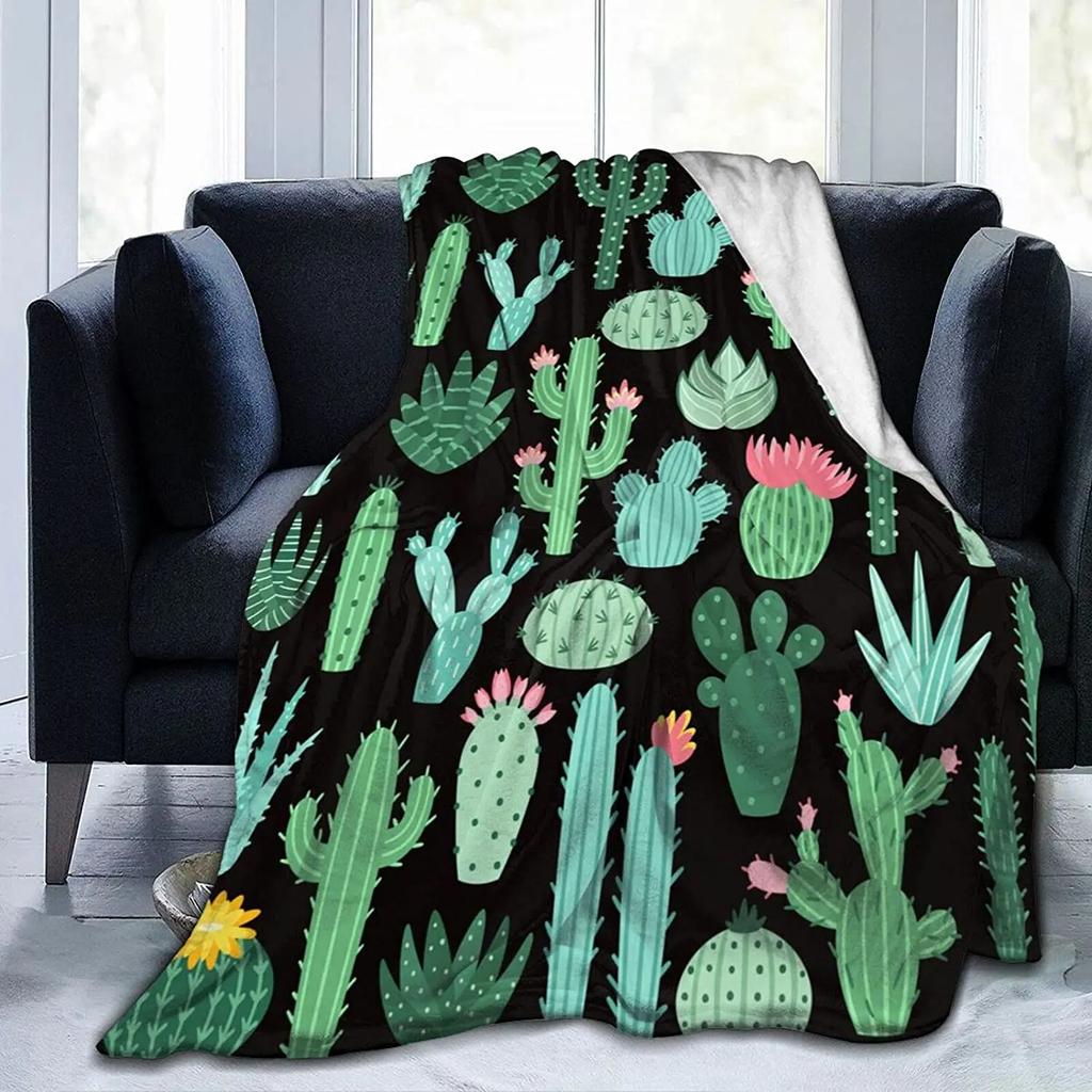 Cactus Flower Summer Flannel Throw Blanket, Colorful Lightweight Flannel Cozy Warm Suit for Couch Gift for Cactus Plant Lover