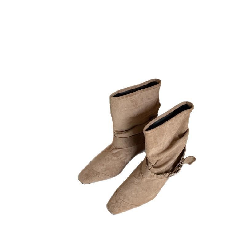 Autumn new thick heel retro stacking boots square head pleated belt buckle short boots for winter women