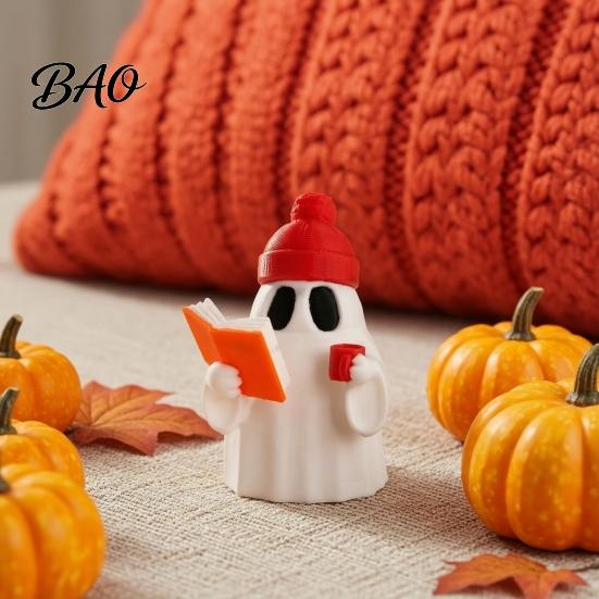 Ghost Sculpture 3D Printed Halloween Figurine, Red Hat Reading Statue Statue, Holding Coffee for Holiday Party Decoration Figurine
