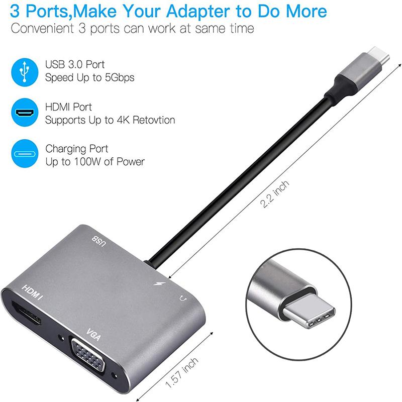 USB C Hub 4 In 1 / 5 In 1 Type C 3.0 Adapter To 4K Compatible-HDMI VGA USB 3.0 PD Fast Charge Splitter Extend Adapter for Laptop