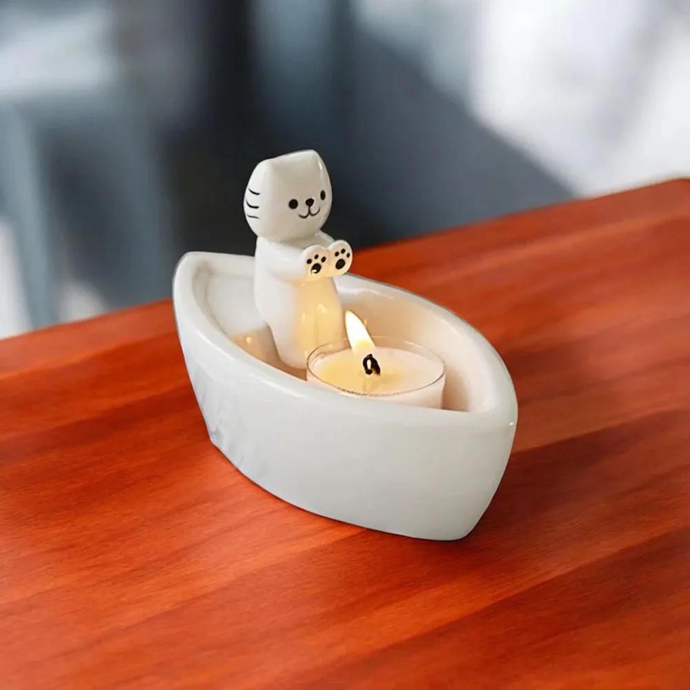 New 6inch Candle Holder Ornaments Cat Cartoon Cat Fire Candle Holder Boat Shape Resin Candle Stand Bedroom