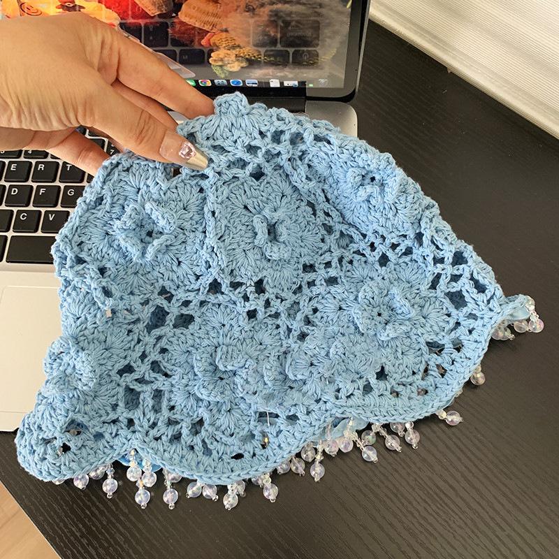 

Женская летняя тонкая ажурная вязаная шапка-бини, шапка с крючком, шапка с цветком, богемная этническая шапка с бисером и кисточками, шапка-мешок