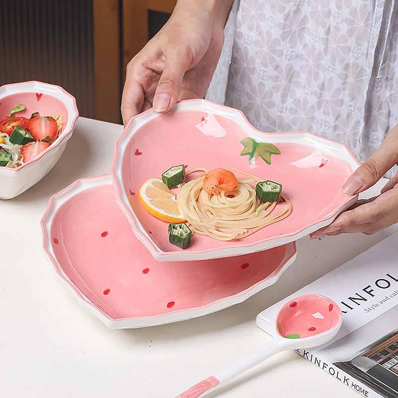 Strawberry Bowl Spoon Plate Set Beautiful Girl Heart Bowl Salad Bowl Dessert Household Tableware