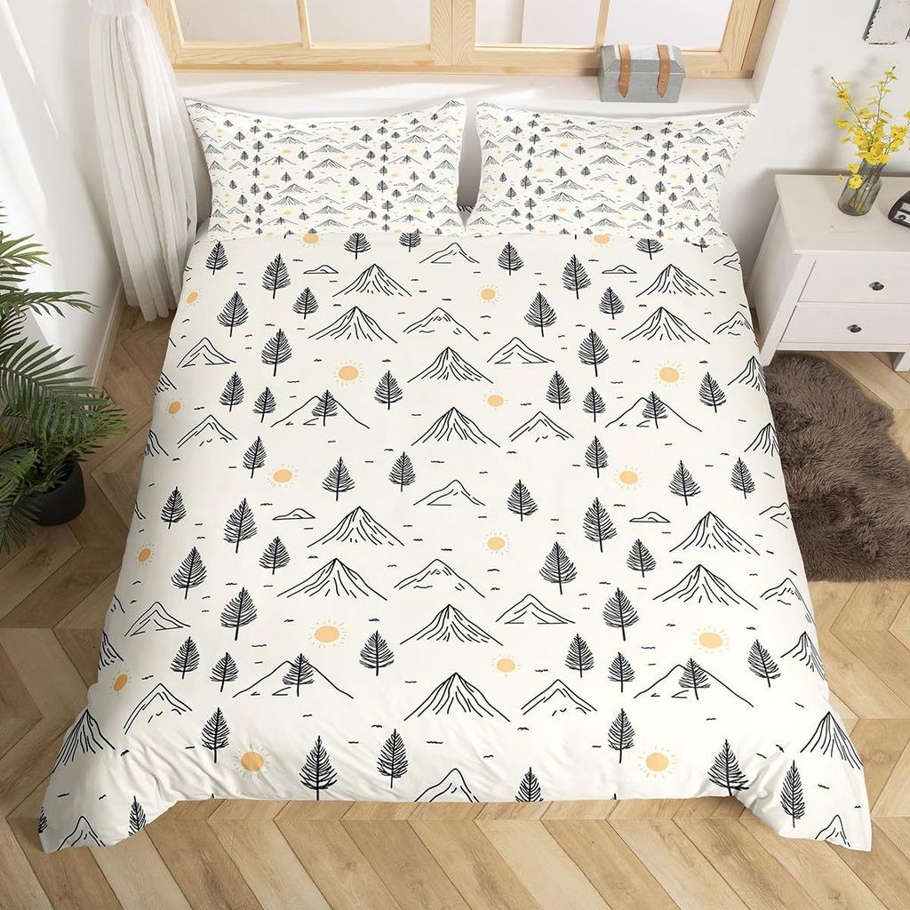 Ski Theme Duvet Cover Green Pine Cable Car Bedding Set Country Style Three-Piece Set