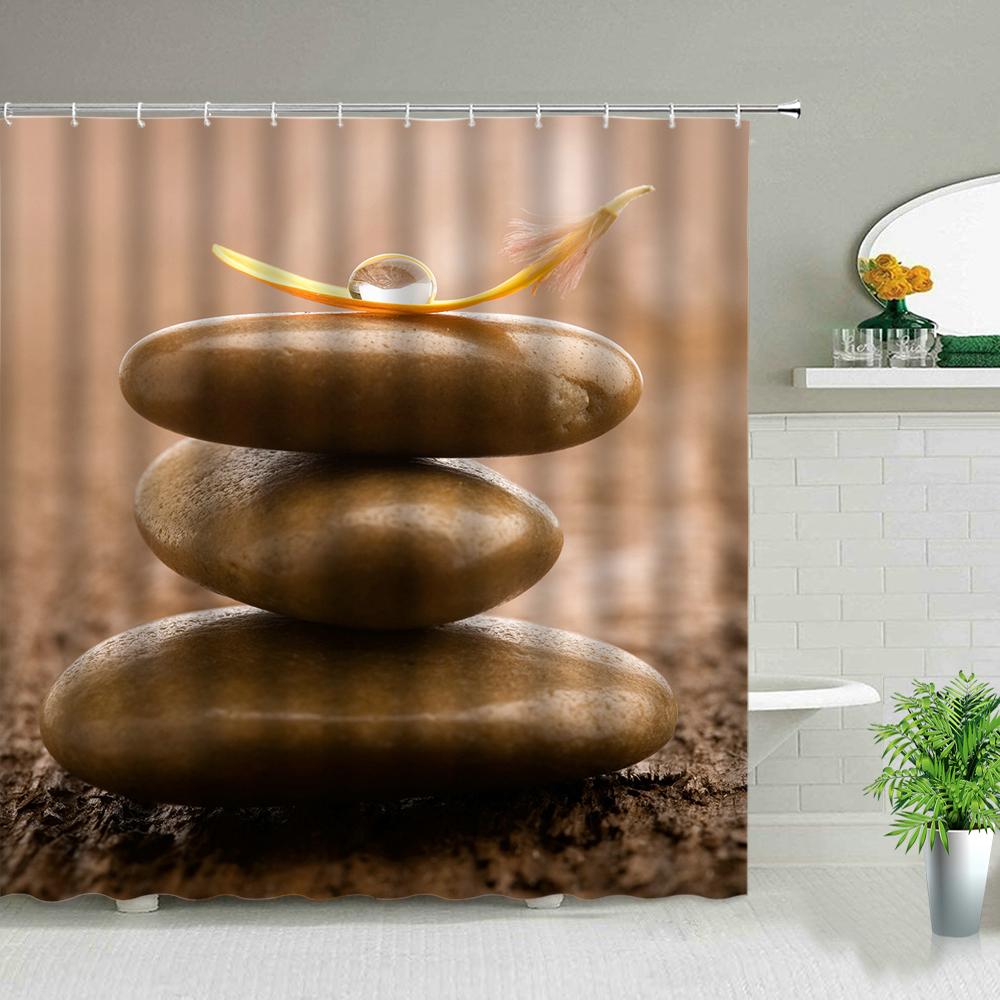 Zen Landscape Shower Curtains Flowers Plant Green Bamboo Black Stone Scenery Bathroom Decor Waterproof Cloth Hanging Curtain Set