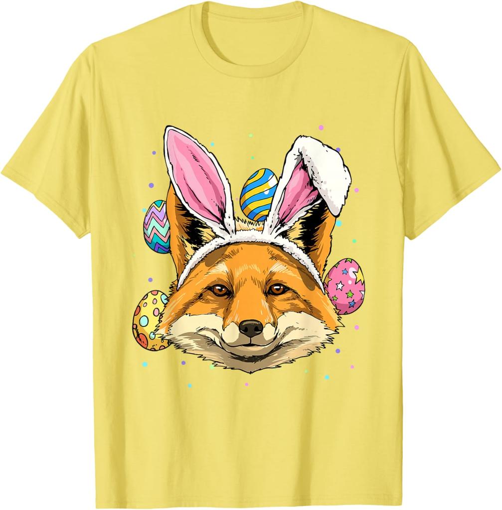 Easter Bunny Fox T-Shirt Funny Fox Lover Animal Graphic Tee Casual Crew Neck Tee