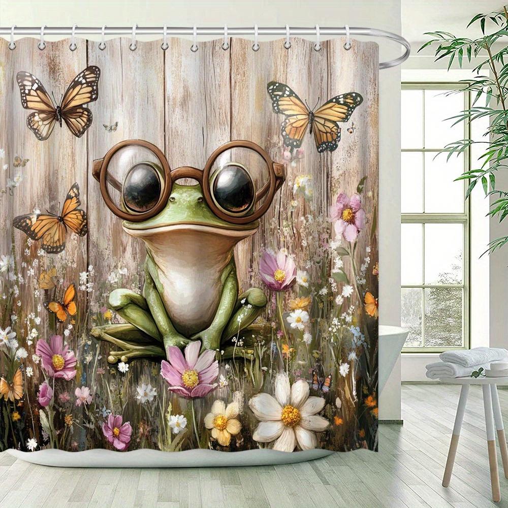 Fairy Tale Frog Shower Curtain - Vibrant Flowers, Butterflies, Rustic Backdrop, Soft Painterly Style, Water-Resistant Polyester