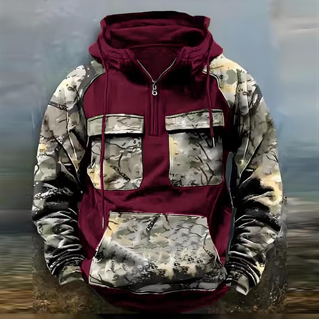 Men  Quater-Zip Pullover Vintage Sweatshirt Casual Long Sleeve Cargo Hoodies With Pocket