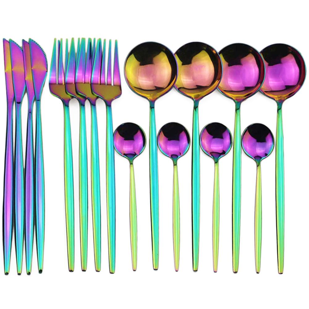 16pcHigh Grade Luxury Rainbow Dinnerware Set Fork Knife Spoon Black Cutlery Set Stainless Steel Flatware Set With Gift Box Hotel