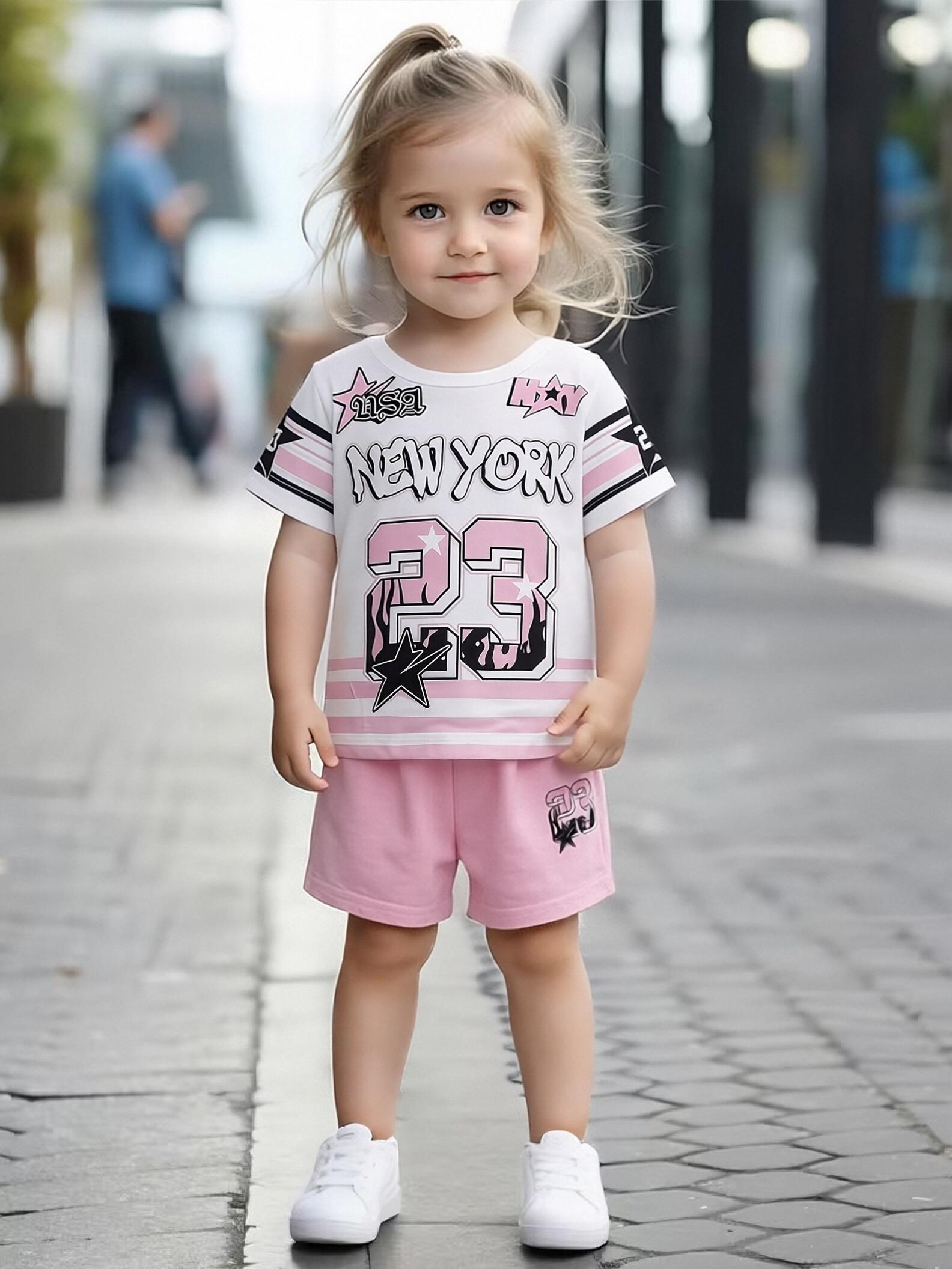 

Toddler Girls Cool 23 Star Print 2-Piece Outfit, Summer Pink Casual Clothes for Kids, Perfect for Playwear & Outdoor 1-2Y розовый