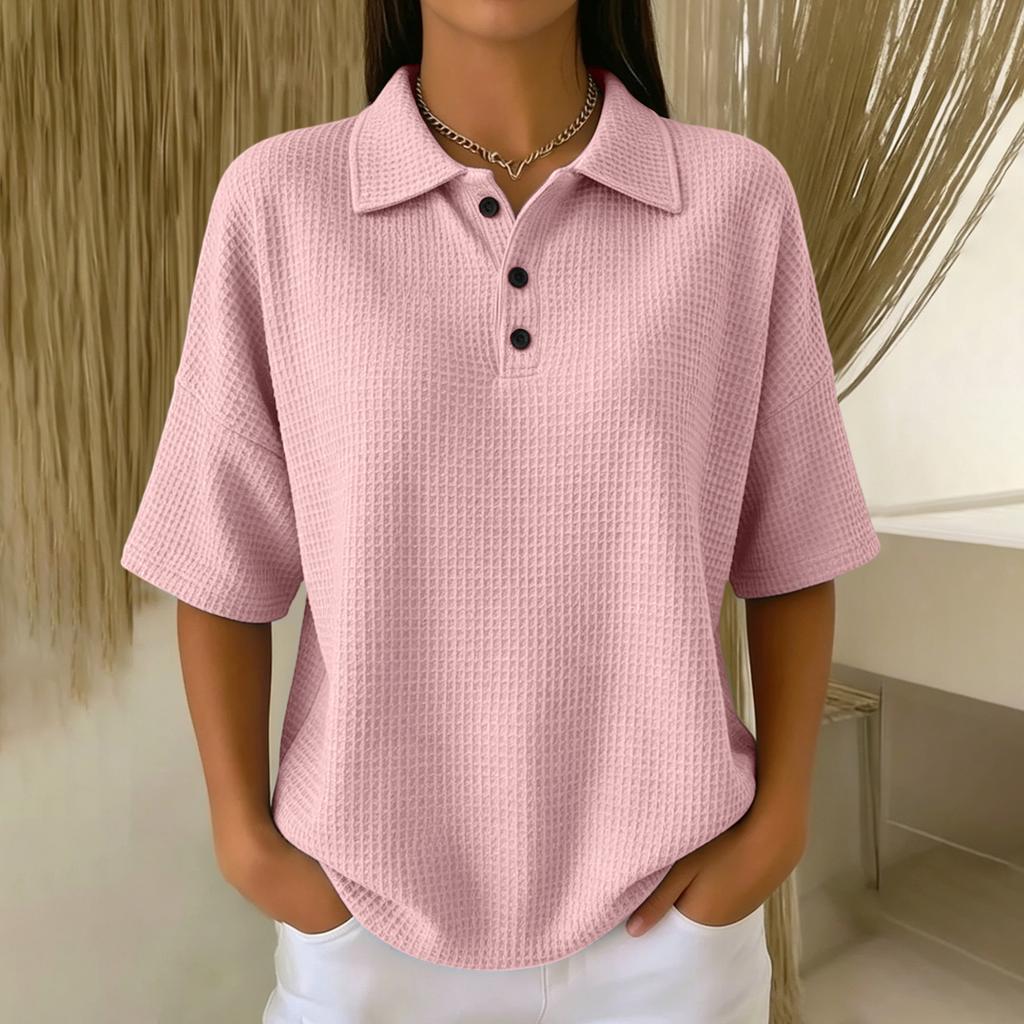 Women’s Knit Short Sleeve Polo Shirt with Button Front and Relaxed Fit for Casual and Everyday Wear