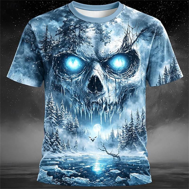 Herren T-Shirt mit Skelett-Print 3D-Druck Kurzarm Dunkler Gothic-Stil Herren Kurzarmhemd Halloween Horror-Thema Oberteil