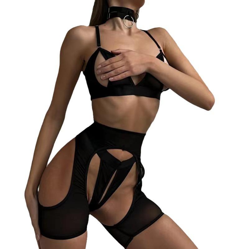 Sexy Passion Seduction Comfortable Mesh Open Chest Milk Open Crotch Sex Underwear Four-piece Pajamas with Neck Ring