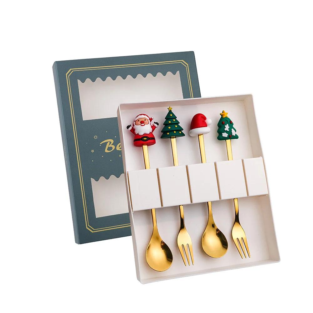 Christmas Table Decor 4-Piece Stainless Steel Cutlery Set with Spoon and Fork, Elk and Xmas Tree Design, Holiday Home Decoration and New Year Navidad