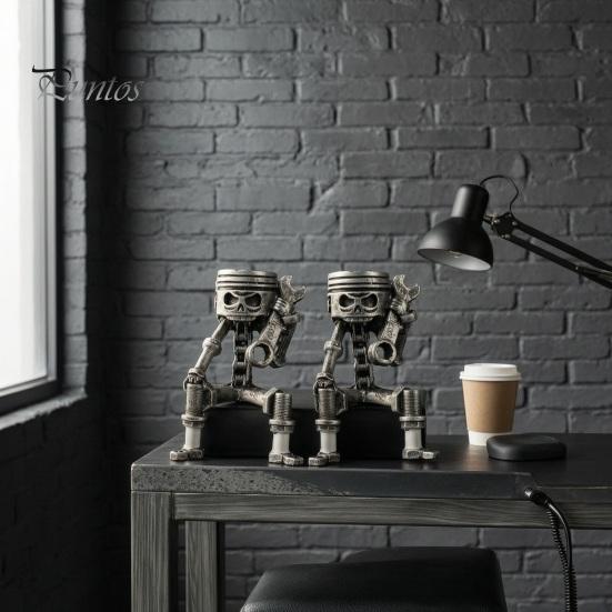 Unique Home Office Accents Vintage Skeleton Robot Statue, Industrial Mechanical Resin Figurine, Skull Statue Gothic Desk Decor for Bookshelf