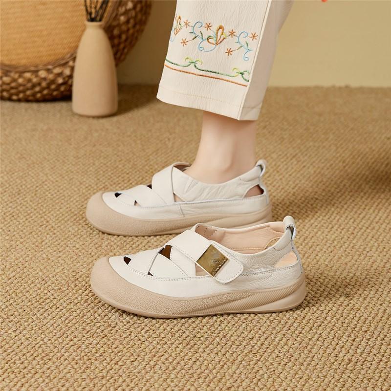 New Flat Women's Sandals Shoe Genuine Leather Woven Pig Cage Shoes Women Anti-slip Summer Hollow-out Female Shoes