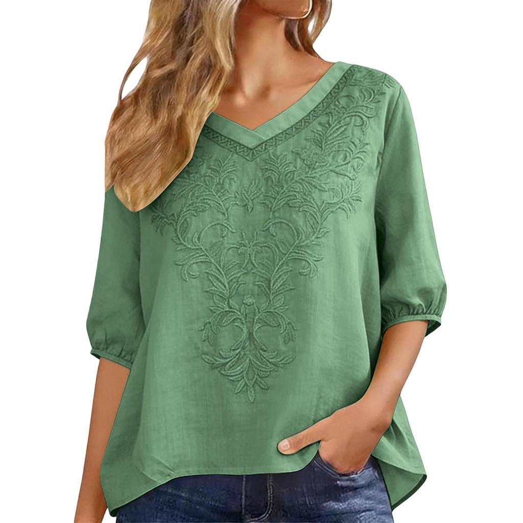 Women Vintage Embroidered V Neck Loose Fit Puff Sleeve T Shirt Casual Relaxed Fit Top for Daily Wear Spring Summer Outfits
