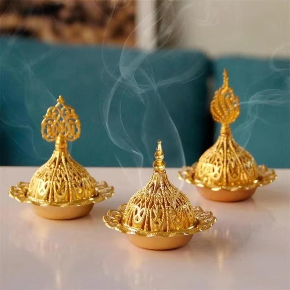 Alloy Metal Incense Burner Retro Gold Mini Censer Holder Star Moon Pattern Hollow Out Incense Stick Burner Muslim Ramadan