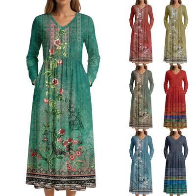 Dress For Women Long Boho Beach Dress Elegant Maxi Dress V-Neck Long Sleeve Dress With Pockets