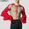 INCERUN Men Lace Up See Through Lace Crop Tops Club Party Mesh Short T-shirts