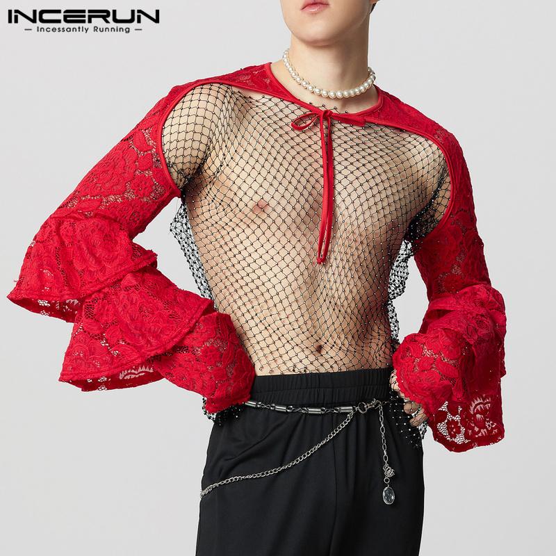 INCERUN Men Lace Up See Through Lace Crop Tops Club Party Mesh Short T-shirts