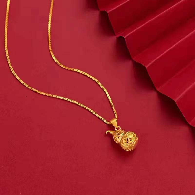 Fu Lu Ping An Hollow Gourd Pendant Necklace, Gold-Plated Brass O-Chain Clavicle Jewelry