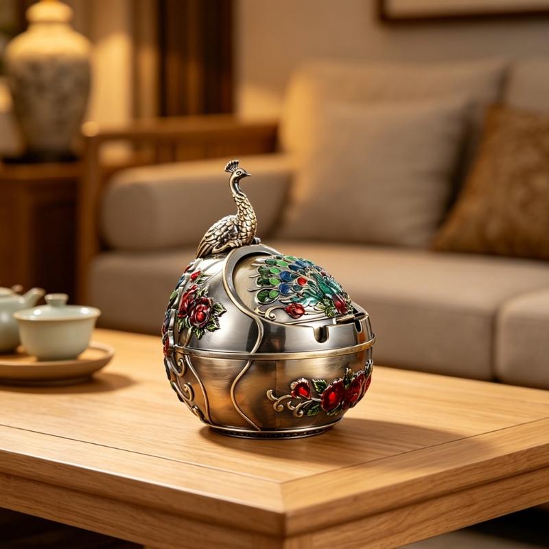 Home Office Ashtray with Covered Opening and Metal Body, Enclosed Bowl Design for Desk Balcony and Patio Use Daily