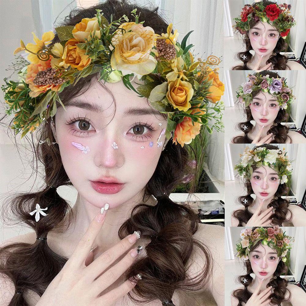 Rose Flower Headband Festival Wedding Green Leaf Floral Headpiece Flower Crown for Women Girls