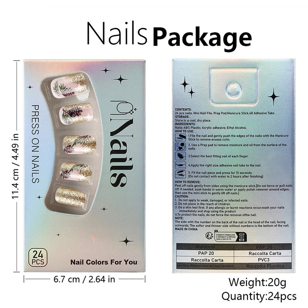 Christmas Tree False Nail Press On Nail Glittering Artificial Nail Short Square Full Cover Stick on Nail for Winter