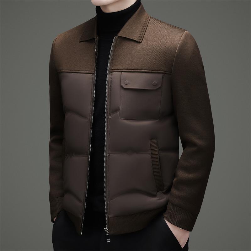 Men's Warm Lapel Duck Down Jacket - Tencel Knit Patchwork for Middle-Aged and Young