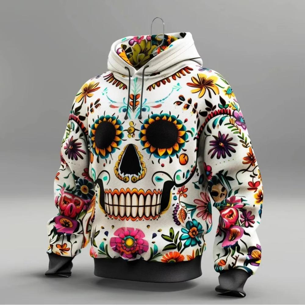 Unisex Mexican Sugar Skull Floral 3D All Over Print Hoodie Day Of The Dead Graphic Casual Long Sleeve Hooded Sweatshirt