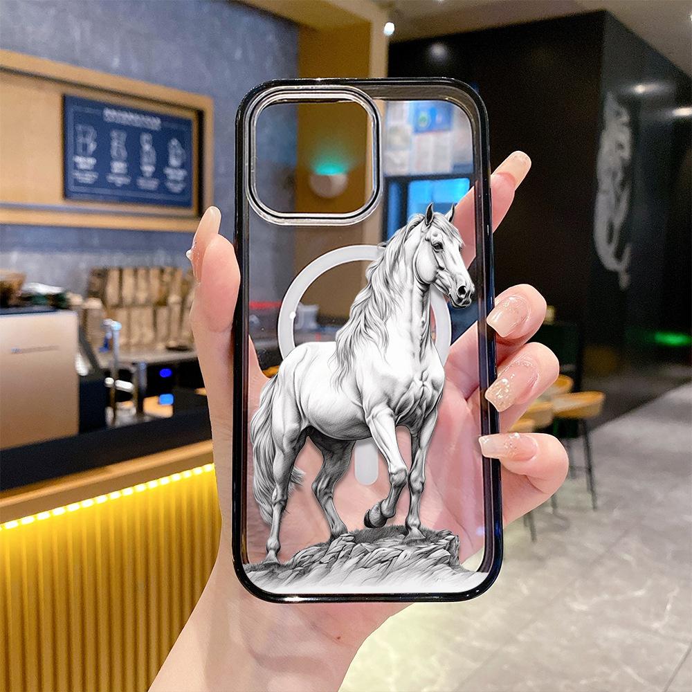 Ozon Popular Art Sketch White Horse Mobile Phone Case iPhone12 Advanced Magnetic Attraction Transparent Apple 17promax