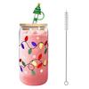 Color Changing Christmas Glass Cup with Lid Straw Brush Reusable Glass Iced Coffee Cup Cute Xmas Party Decorations for Mom Her